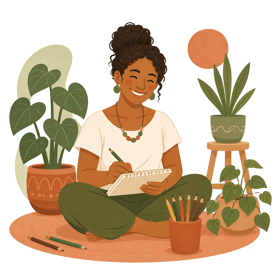 Ilustração da criadora do Educando no Lar sentada no chão escrevendo em um caderno, cercada de plantas